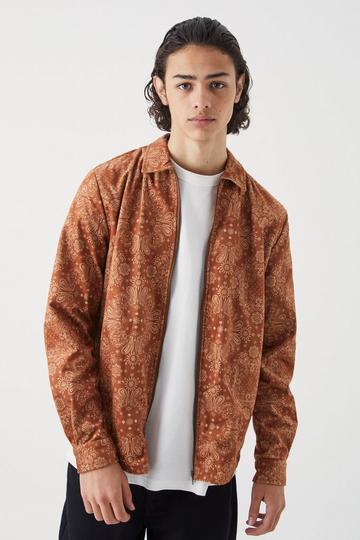 Long Sleeve Zip Through Woven Bandana Overshirt tan