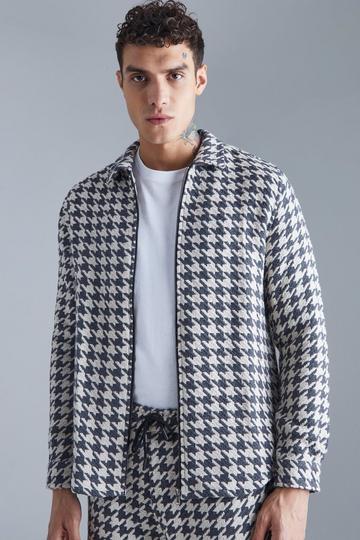 Black Long Sleeve Brushed Houndstooth Zip Overshirt