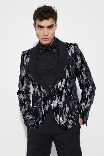 Black Slim Fit Contrast Lapel Sequin Suit Jacket