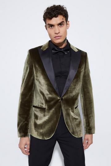 Slim Fit Contrast Lapel Velvet Suit Jacket olive