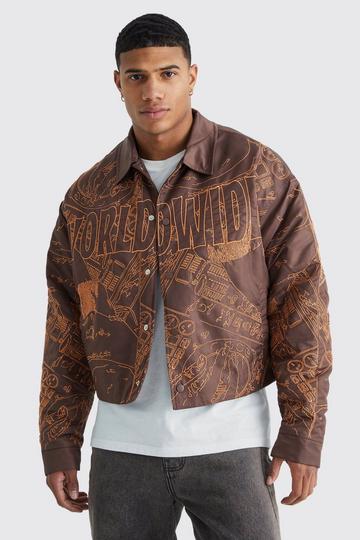 Brown Boxy Nylon All Over Embroidery Bomber Jacket