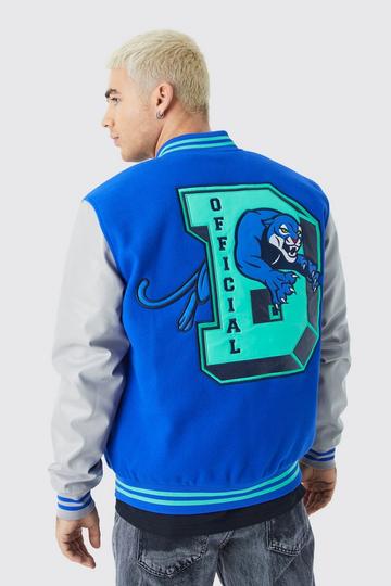 Boxy Pu Contrast Sleeve Badge Varsity Jacket blue