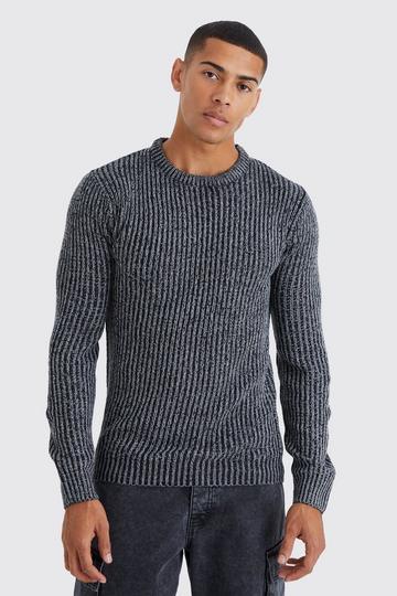 Black Regular Crew Neck Plated Ribbed Knit Jumper