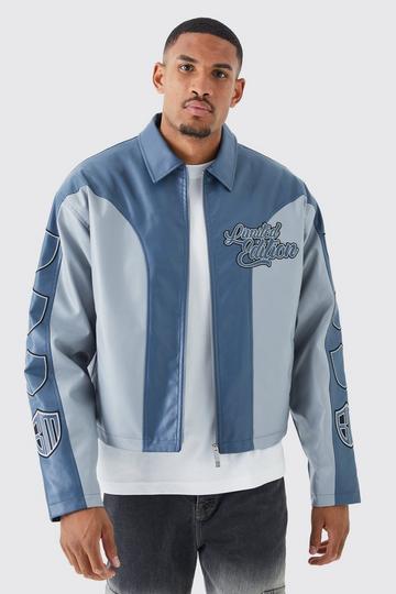 Tall Boxy Pu Panelled Bomber With Badges slate