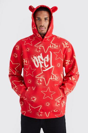 Red Tall Oversized All Over Graffiti Eat Hoodie