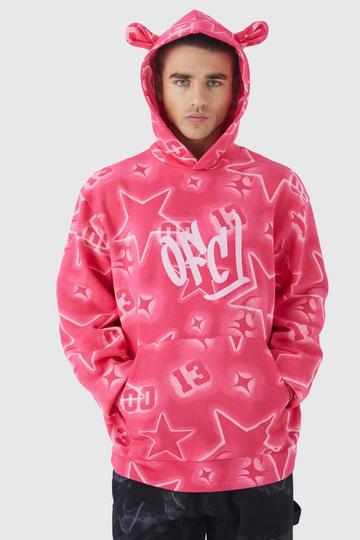 Pink Oversized All Over Graffiti Ear Hoodie