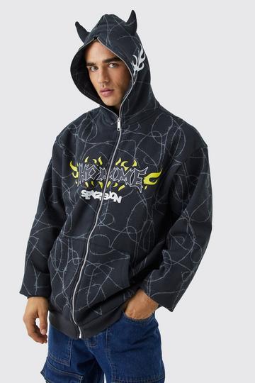 Oversized All Over Print Horn Hoodie black