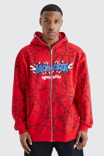 Oversized All Over Print Horn Hoodie red