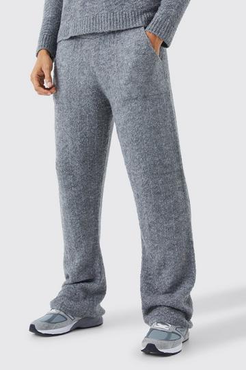 Grey Relaxed Herringbone Knit Wide Leg Joggers