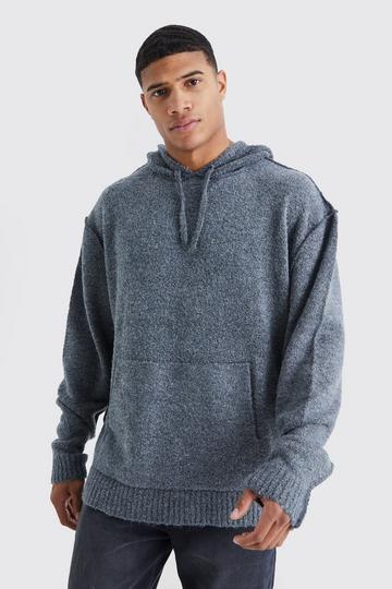 Oversized Boucle Knit Hoodie With Exposed Seams charcoal