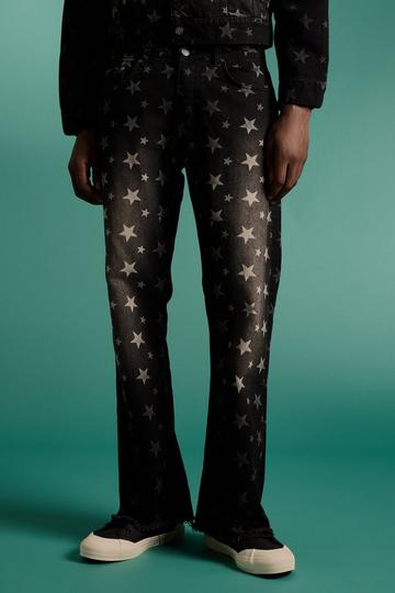 Black Relaxed Rigid Flare All Over Star Print Jeans