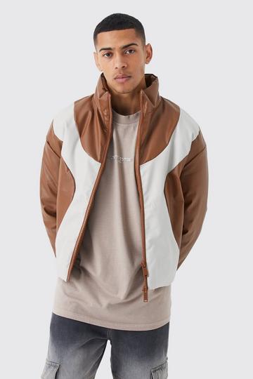 Boxy Pu Funnel Neck Panelled Bomber brown