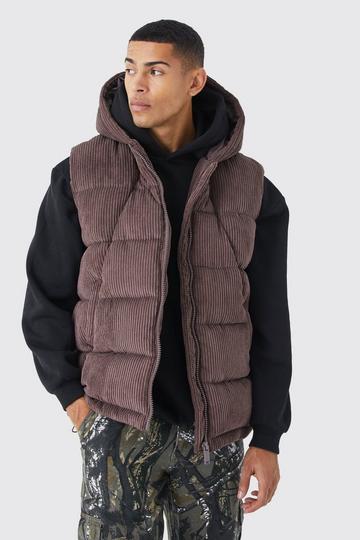 Cord Panelled Hooded Puffer Gilet chocolate