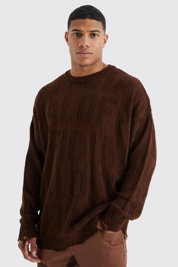 Brown Oversized Official Open Knit Distressed Jumper