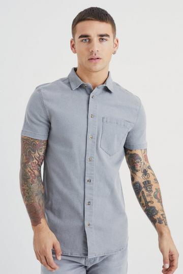 Grey Short Sleeve Muscle Fit Denim Shirt