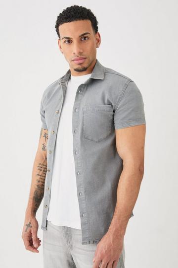 Grey Short Sleeve Muscle Fit Denim Shirt