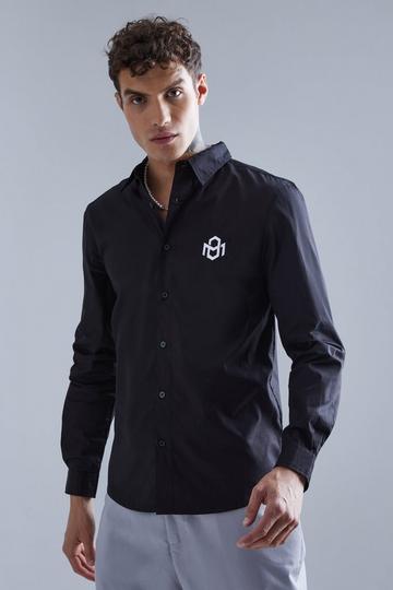 Long Sleeve Poplin Mini Chest Embroidery Shirt black