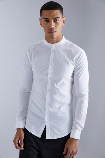 Long Sleeve Grandad Collar Muscle Shirt white