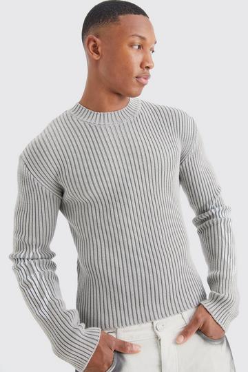Stone Beige Muscle Fit Ribbed Acid Wash Knit Jumper