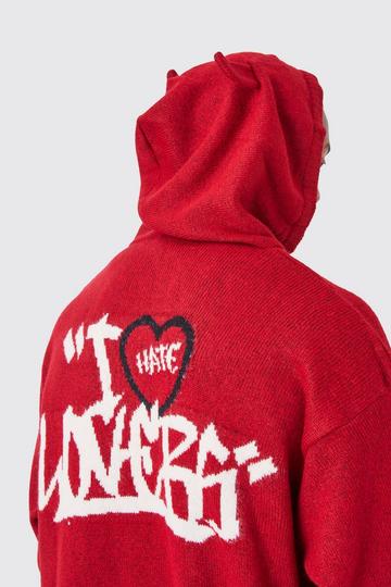 Oversized Brushed Devil Ears Knitted Hoodie red