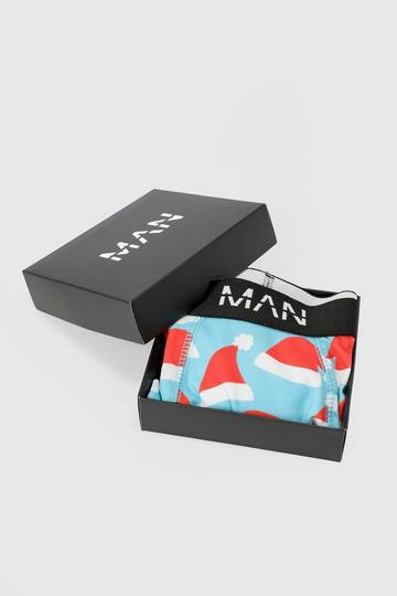 Blue Santa Hat Print Boxers In Gift Box