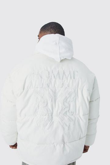 Plus Oversized Peached Nylon Embroidered Puffer ecru