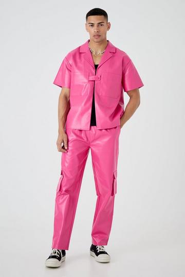 Short Sleeve Boxy Revere Button Pu Shirt & Trouser Set pink