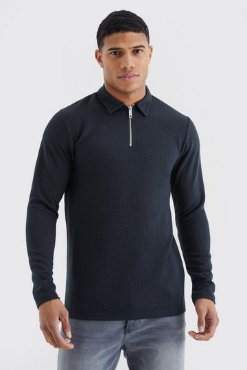 Long Sleeve Slim Cable Textured Polo black