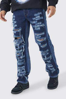 Men's Ripped Printed Baggy Jeans in Blue