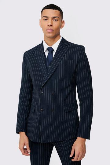 Skinny Fit Pinstripe Double Breasted Blazer navy
