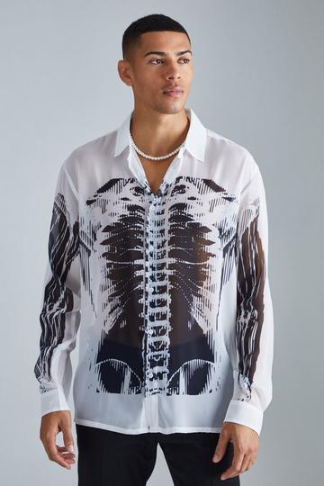 Long Sleeve Printed Sheer Shirt white