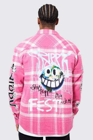 Oversized Trippy Printed Check Shirt pink