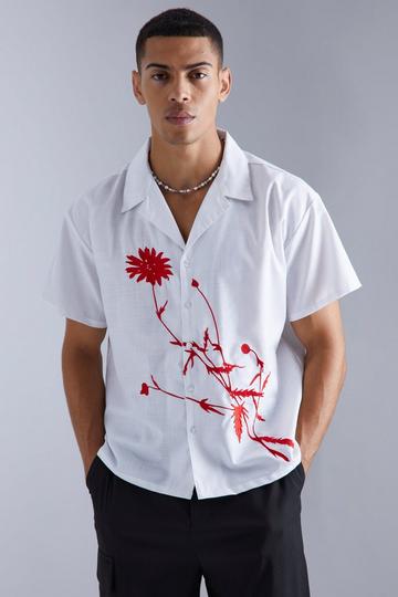 Short Sleeve Floral Embroidered Boxy Shirt ecru