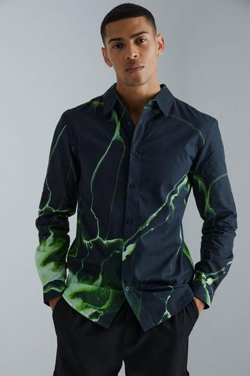 Long Sleeve Abstract Printed Poplin Shirt black