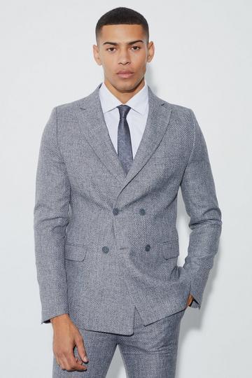 Grey Skinny Fit Double Breasted Boucle Blazer