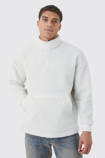 Ecru White Oversized 1/4 Button Funnel Neck Boucle Sweatshirt