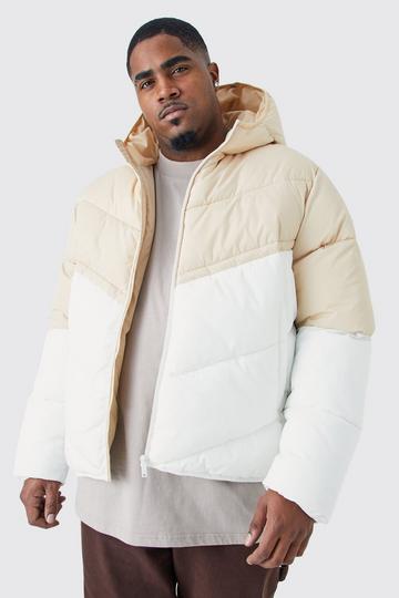 Plus Man Colour Block Quilted Puffer With Hood stone