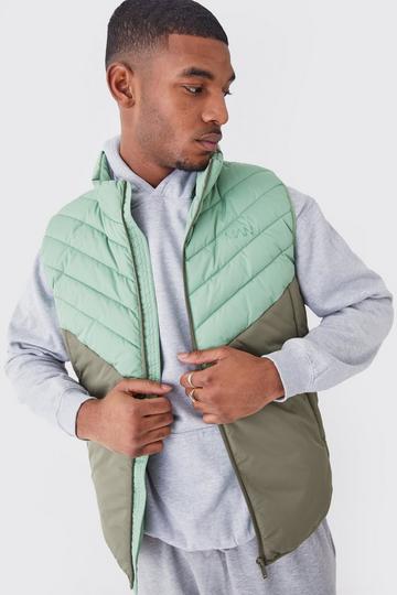 Tall Man Colour Block Quilted Funnel Neck Gilet khaki