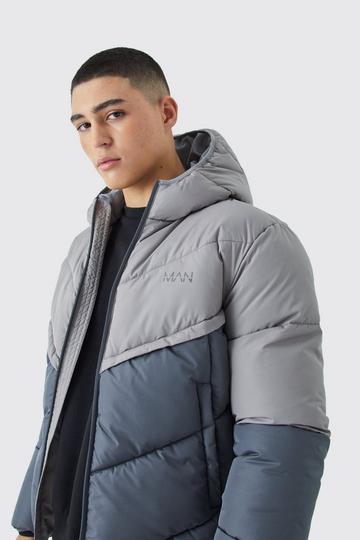 Man Colour Block Quilted Puffer With Hood grey