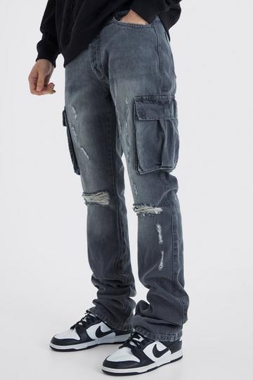 Tall Slim Flare Rigid Ripped Cargo Pocket Jean mid grey