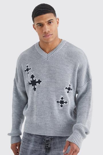 Grey Oversized Boxy Applique Cross Embroided Jumper