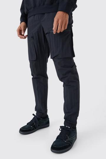 Elasticated Waist Slim Fit Crinkle Nylon Cargo Trouser black
