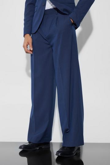 Navy Extra Wide Fit Pleat Front Tailored Trouser