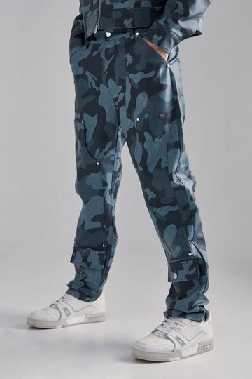 Teal Green Fixed Waist Straight Fit Camo Carpenter Trousers