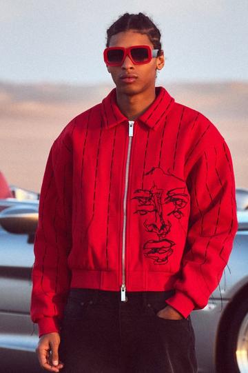 Boxy Fit Face Embroidered Bomber red
