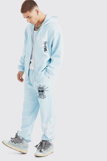 Oversized Masked Character Zip Up Hoodie & Oversized Jogger blue