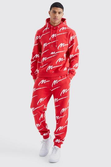 Man Signature All Over Print Hoodie Tracksuit red