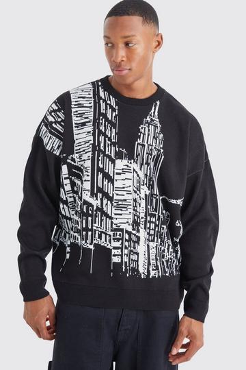 Black Oversized City Scene Knitted Jumper