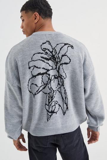 Grey Boxy Line Graphic Flower Knitted Jumper