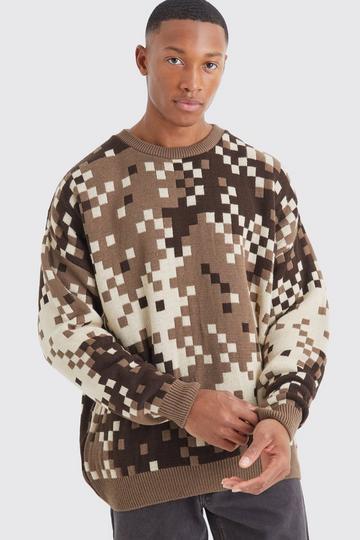 Oversized Pixelated Camo Knitted Jumper chocolate